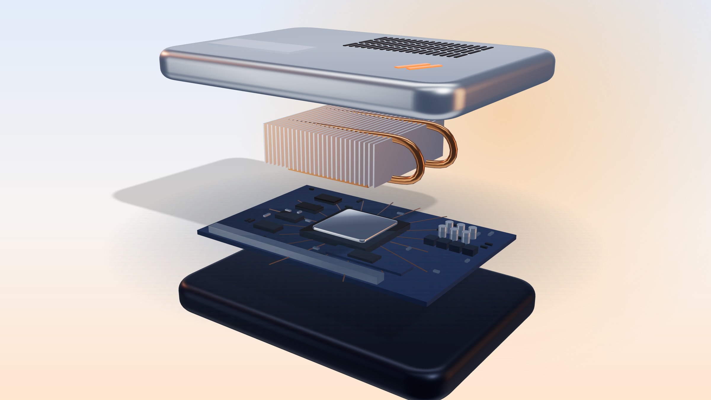 Reinnder Edge One opened into its layers: lid, fin stack, board and base (product render)